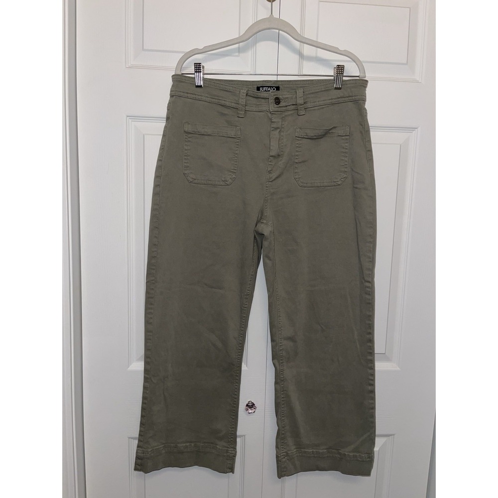 Buffalo David Bitton Stretch Cropped Pants Brigette 14/34 Olive Khaki Wide Leg